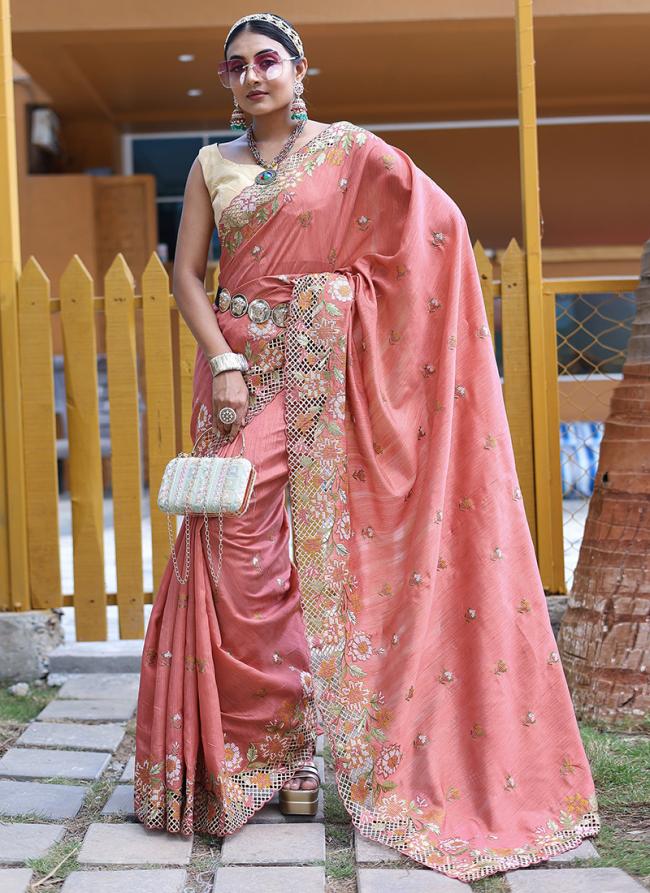 Silk Pink Wedding Wear Embroidery Work Saree